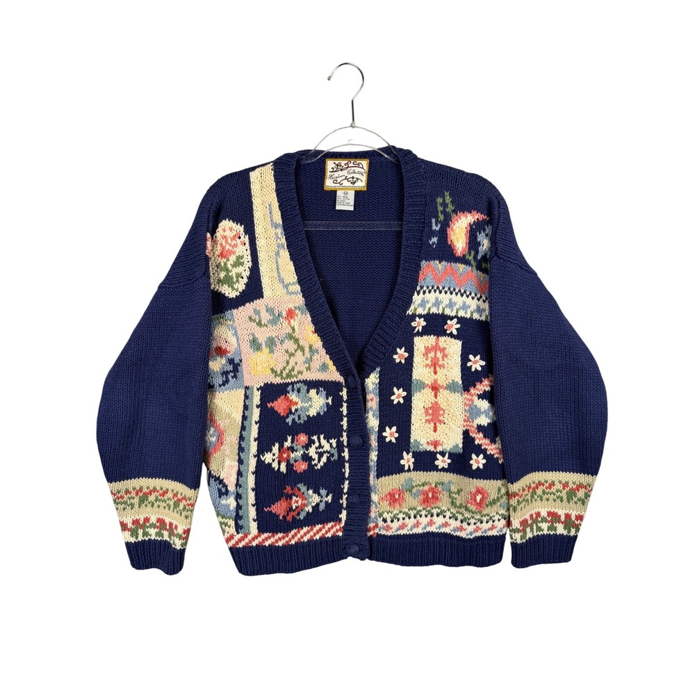 Vintage Heirloom Collectible Navy Blue Floral Patchwork Cardigan Sweater Medium